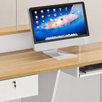 L-Shape Manufactured Wood Top Reception Desk with Hutch, Keyboard Tray, Cabinet, Desk Return & Cable Management
