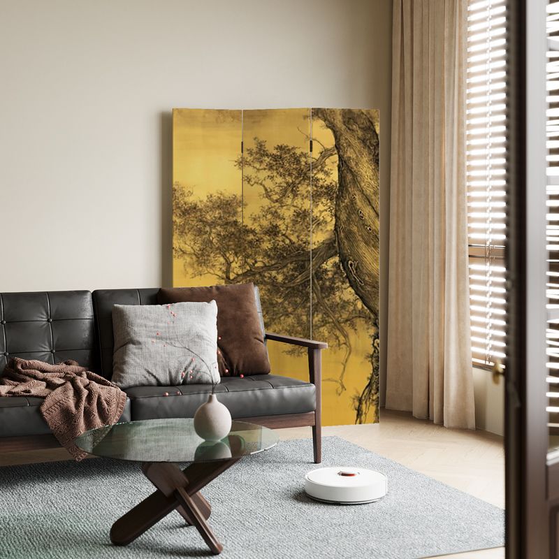 Lemon Color Opaque Fold-up Screen Divider with Natural Wood Frame, 3/4 Panels, Double Sided Print, and Independent Design