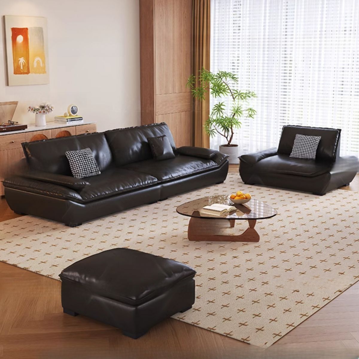 Contemporary Modern Scratch-durable Standard Sofa in Midnight Black for Drawing Room, Seats 4/3/2-seater with 2 Pillows, Solid Color Pattern