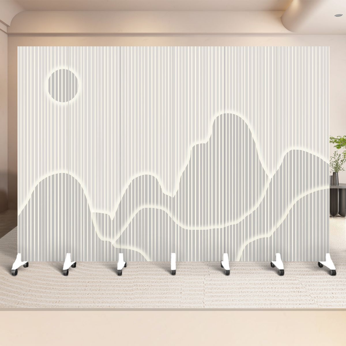 Indoor Opaque Collapsible Temporary Wall with Wheels, Natural Wood Frame, 6 Panels, and Double Sided Print