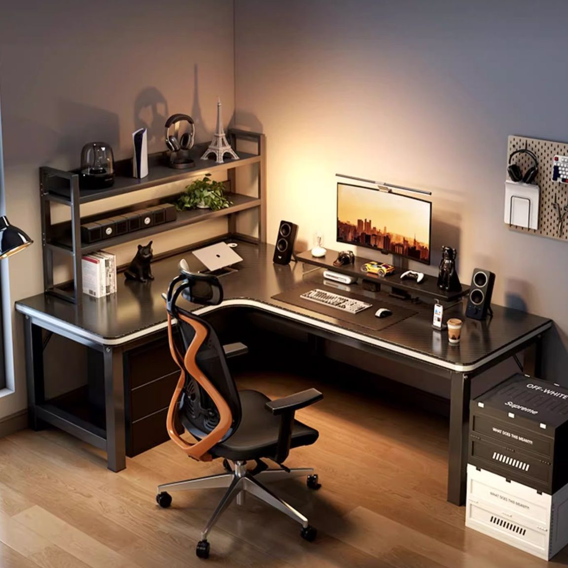 Minimalist L-Shape Desk with Odor Resistant H-Shape Base, Independent Structure, Wire Management, and Engineered Wood Top