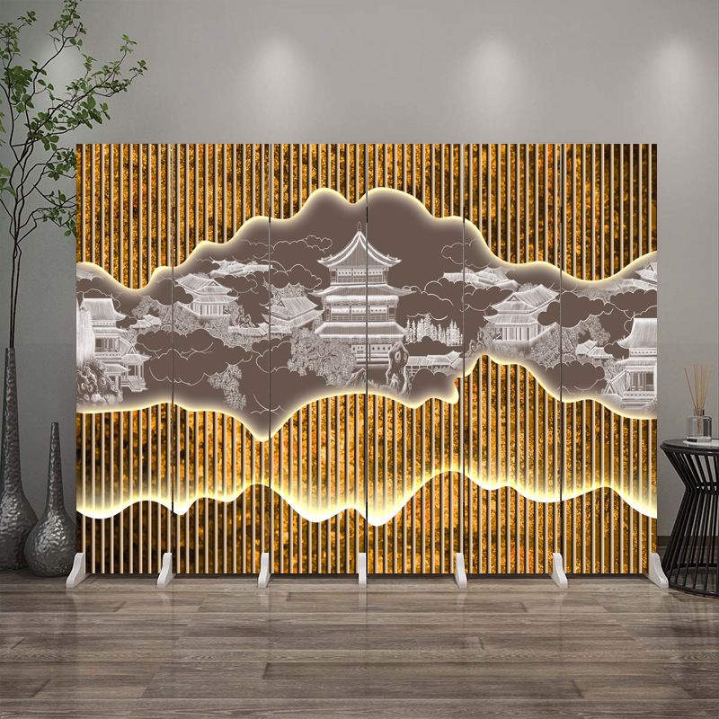 Indoor Opaque Collapsible Room Screen with Pine Wood Frame, 6 Panels, Double Sided Print, and Freestanding Feature