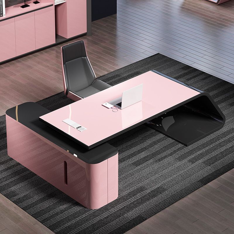 Rose Executive Desk with 3 Drawers, Cabinet, Exterior Shelf, Cable Management, Cooling Hole & Pedestal Base, Scratch Resistant