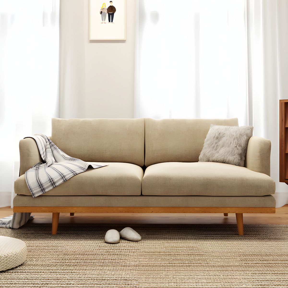 Northern European Wooden 2/3-Seater Sofa Wood Legs Square Arm Sofa