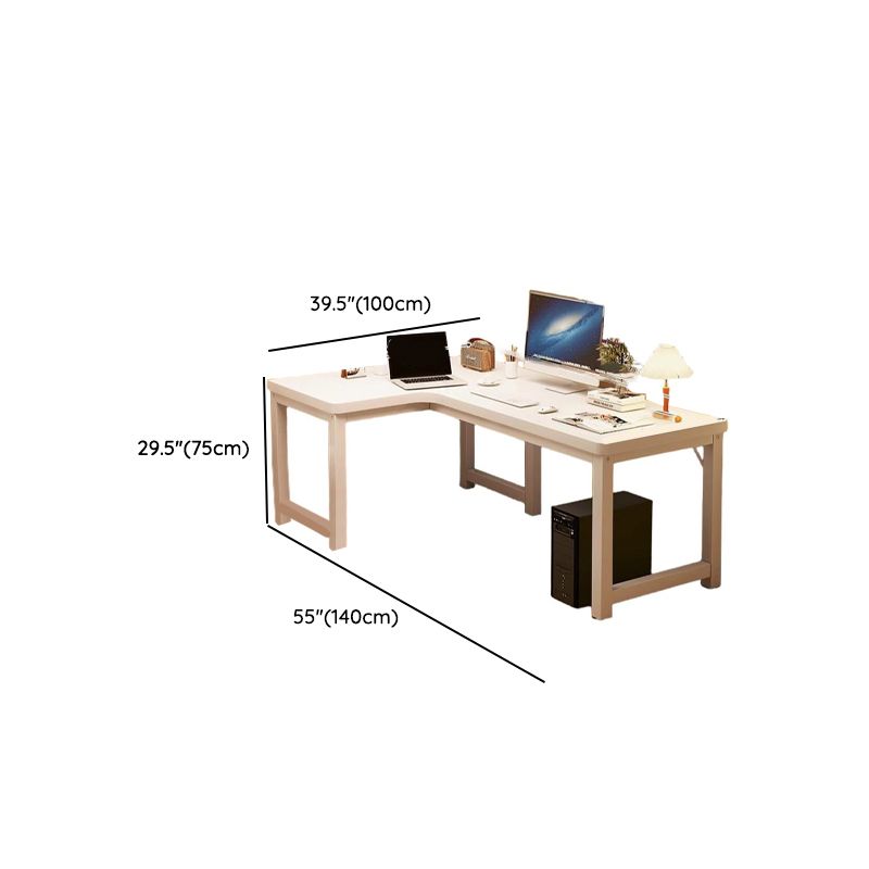 Chalk/Brown Minimalist L-Shape Distortion-resistant H-Shape Desk with Exterior Shelf and Wire Management in Natural Wood