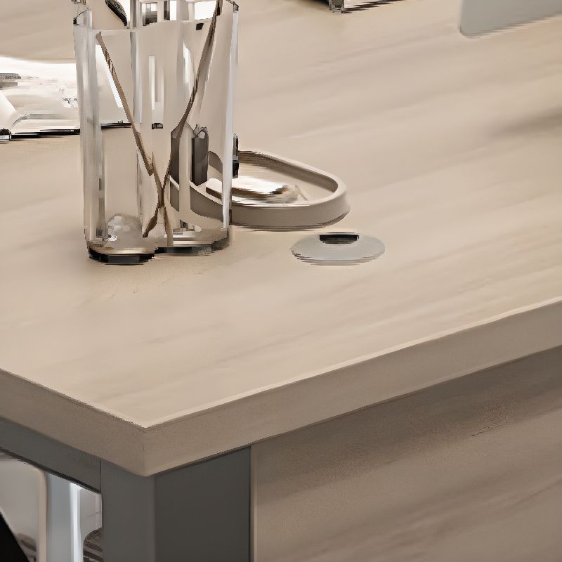Wood Color/Dove Grey/Black Rectangular Steel Table with Scratch Resistant Toboggan Base and Cable Management, Front Splash Included