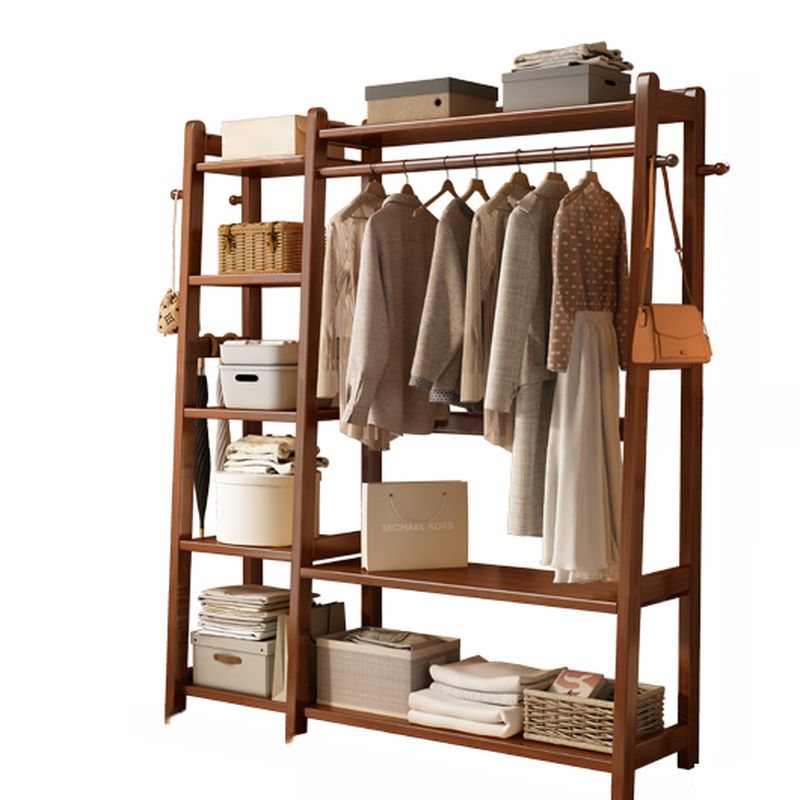 Modern Coat Tree with Stockroom Storage, 7 Shelves, Rubberwood Frame, and Wood Hook