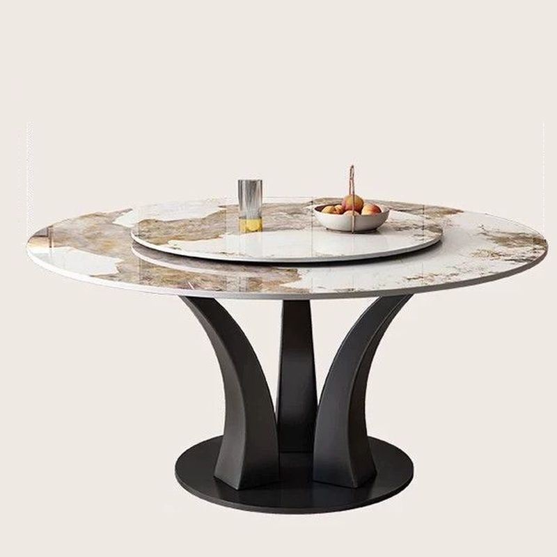 Black Base Anti-Fouling Gloss Finish Stone Table for 8 People/6-seater/4-person Seat with a Rotatable Sintered Stone Top