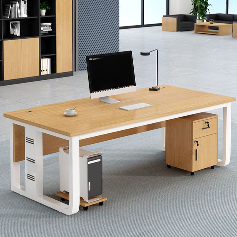 Metal Sledge Base Warp Resistant Wood Color Rectangular Office Computer Desk with Cable Management, Cable Management Included & Front Splash Included