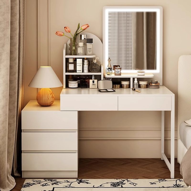 Trendy Chalk Wood Standard Makeup Vanity with 5 Drawers, Light Up Mirror, and Lighting System