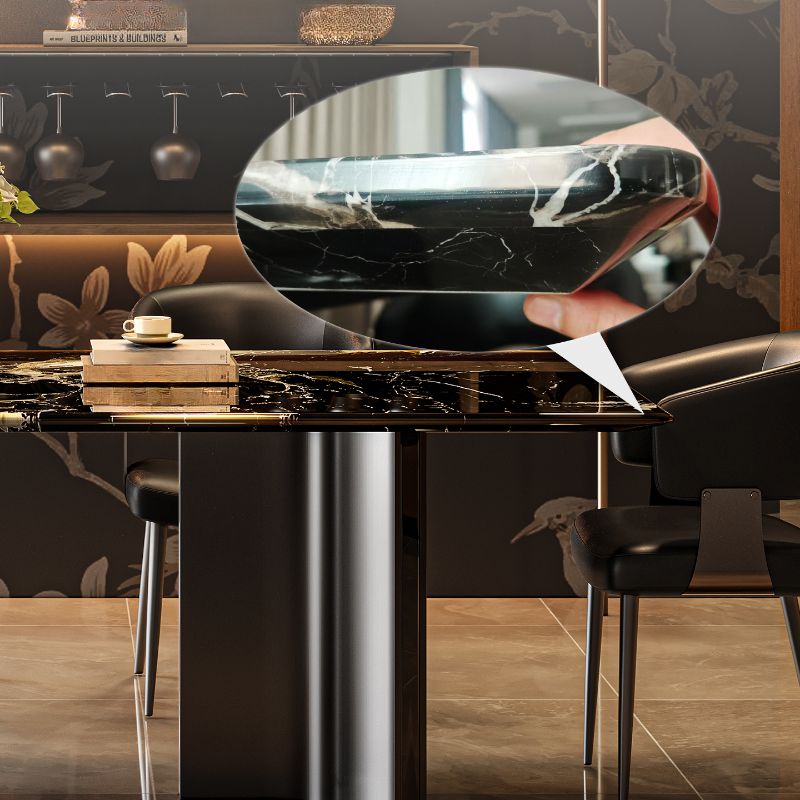 Natural Marble Dining Table in Modern Simple Style with Stainless Steel Base, Fixed Table, Glossy Black Top, 6-person Seating, Scratch Resistant, Mixed-material Design