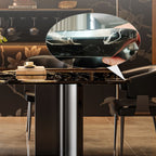 Natural Marble Dining Table in Modern Simple Style with Stainless Steel Base, Fixed Table, Glossy Black Top, 6-person Seating, Scratch Resistant, Mixed-material Design