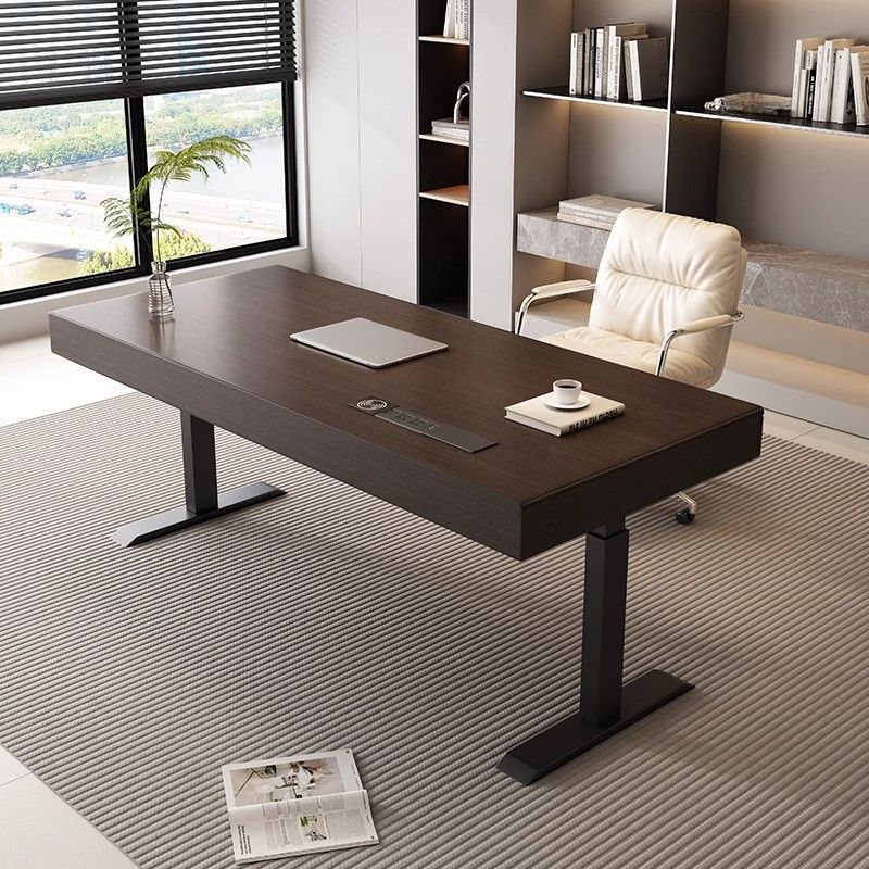 Odor Resistant T-Shape Base Table with 3 Drawers, Automatic Height Adjustment, Auburn Detached Top with Built-in Outlet in Natural Wood