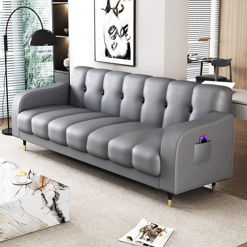 Contemporary Modern Solid Color Scratch-durable Convertible Sofa in Pu Leather with Midnight Black/Gray/White Upholstery, Seats 3/2-seater, with Receptacle Storage