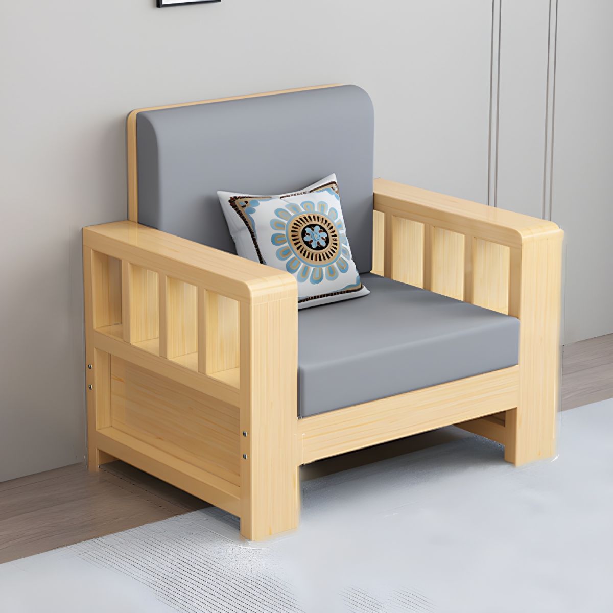 Modern Farmhouse Sofa in Solid Wood with Square Arms for Living Room