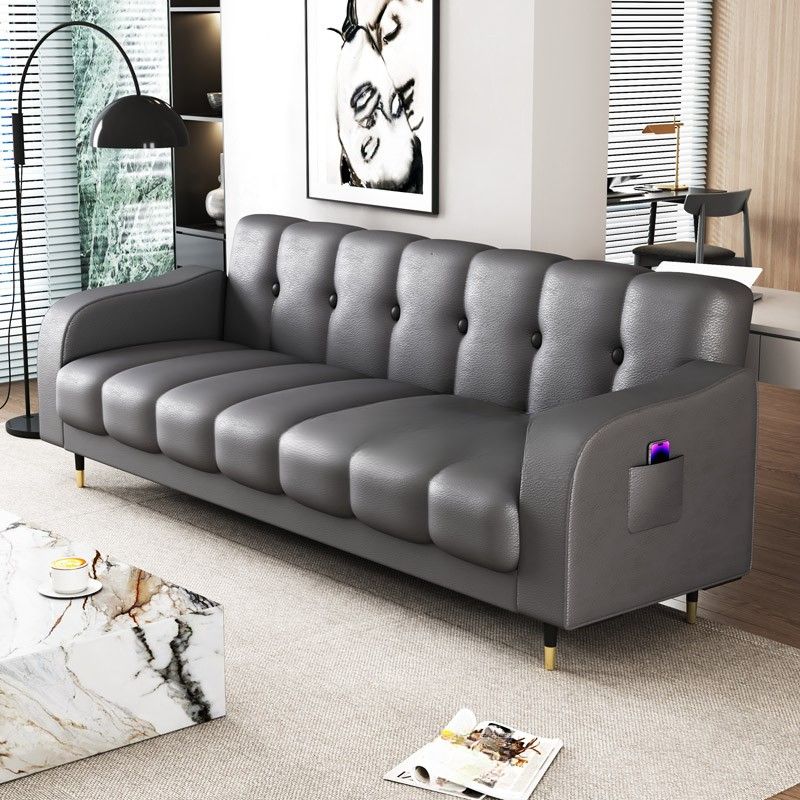 Contemporary Modern Solid Color Scratch-durable Convertible Sofa in Pu Leather with Midnight Black/Gray/White Upholstery, Seats 3/2-seater, with Receptacle Storage