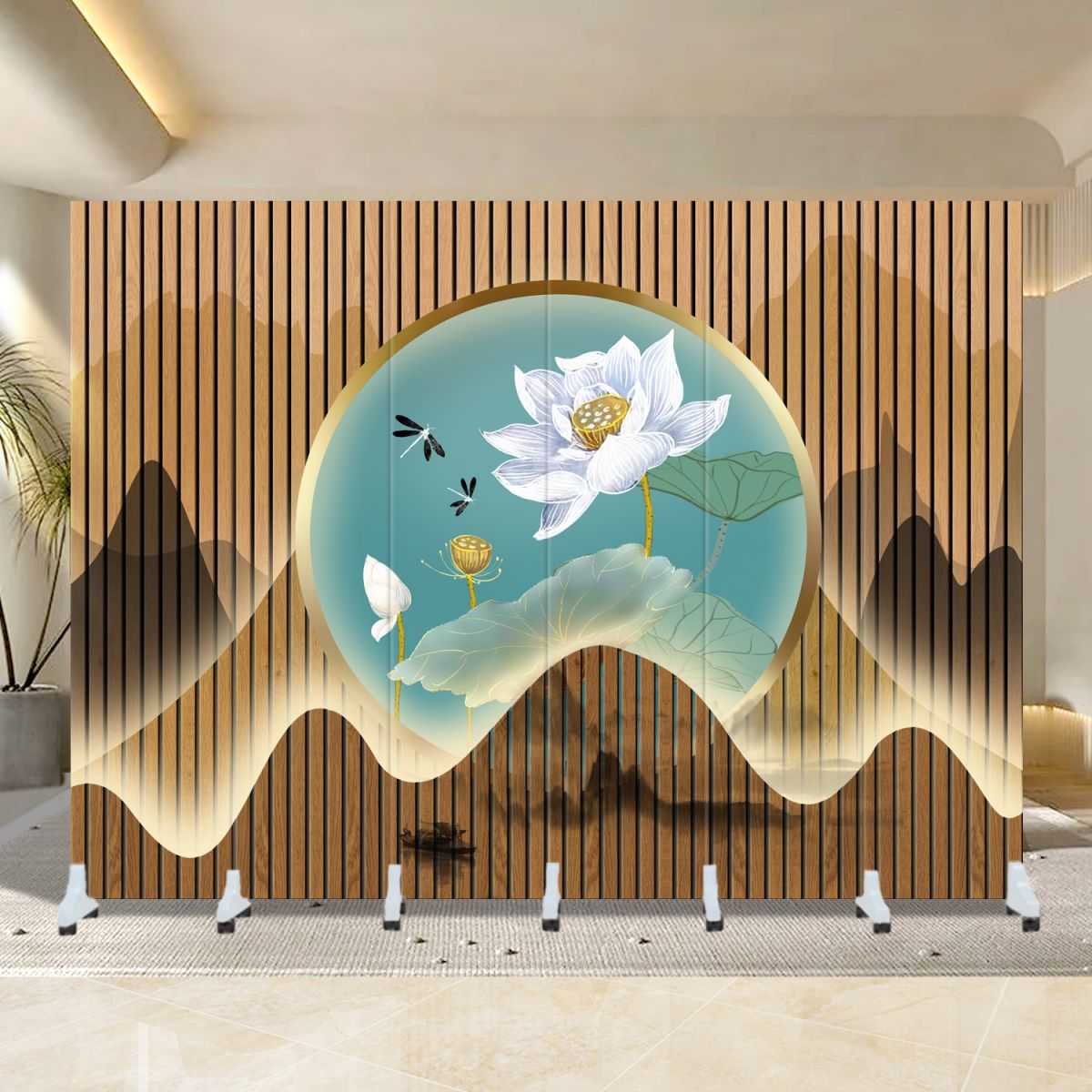 Indoor Opaque Folding Natural Wood Temporary Wall Panels with 6 Panels, Double Sided Print, and Self-supporting Design