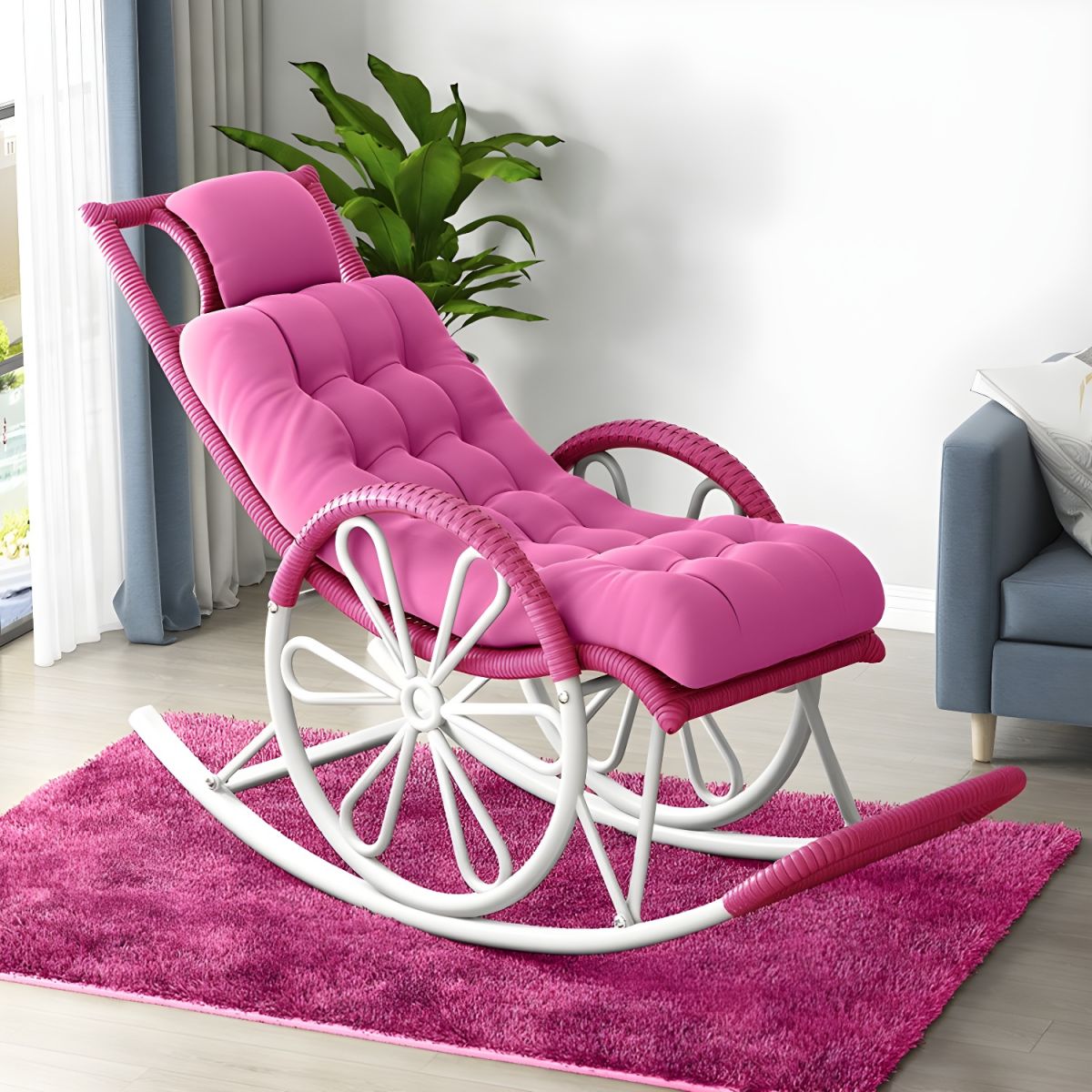 Modern Rocker Wicker Removable Cushions Tufted with Gray Frame Rocking Chair