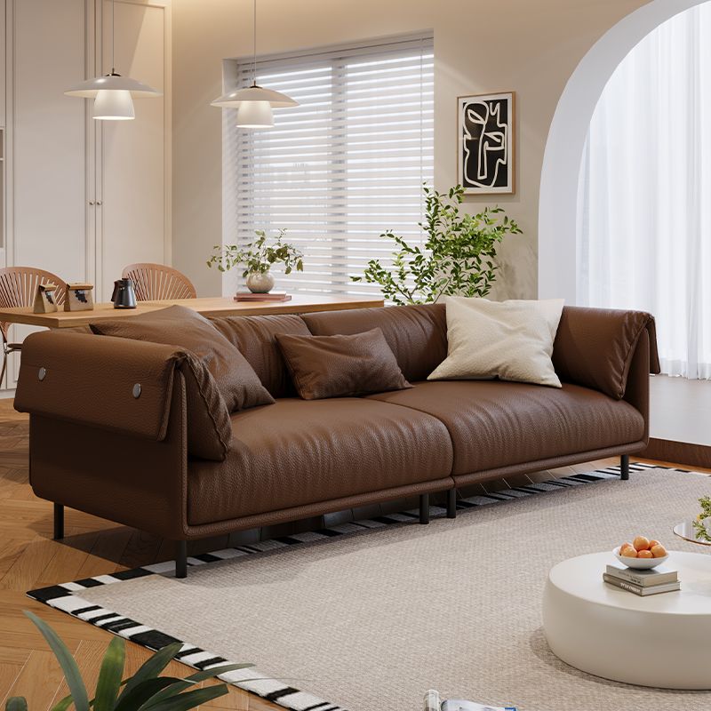Drawing Room Standard Sofa in Genuine Leather/Flannel with White/Cerulean/Tan Upholstery, Armrest, and 3 Pillows