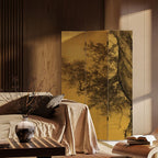 Lemon Color Opaque Fold-up Screen Divider with Natural Wood Frame, 3/4 Panels, Double Sided Print, and Independent Design