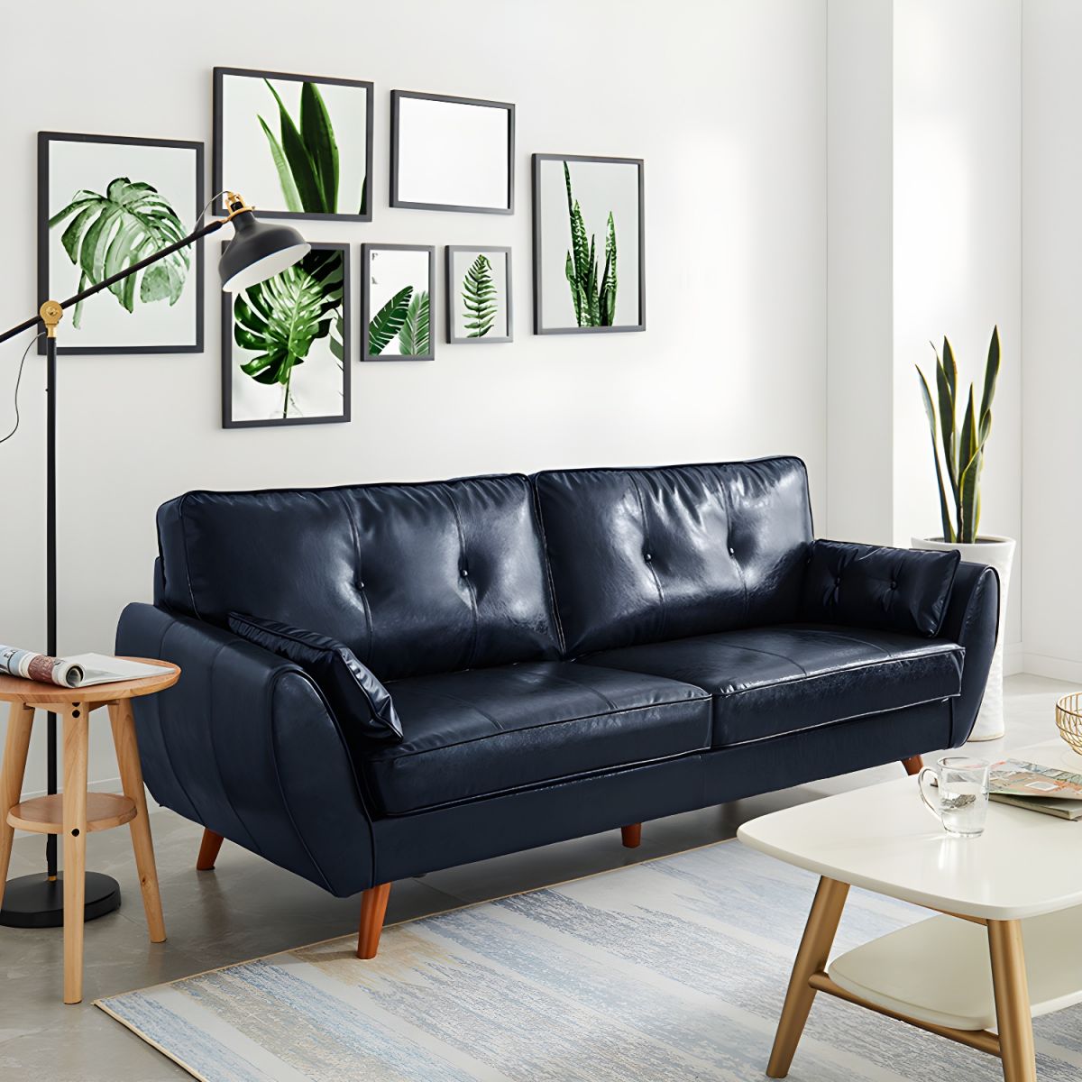 Modern Leather Sofa Flared Arm Button-tufted Loose Back Sofa for Living Room Bedroom
