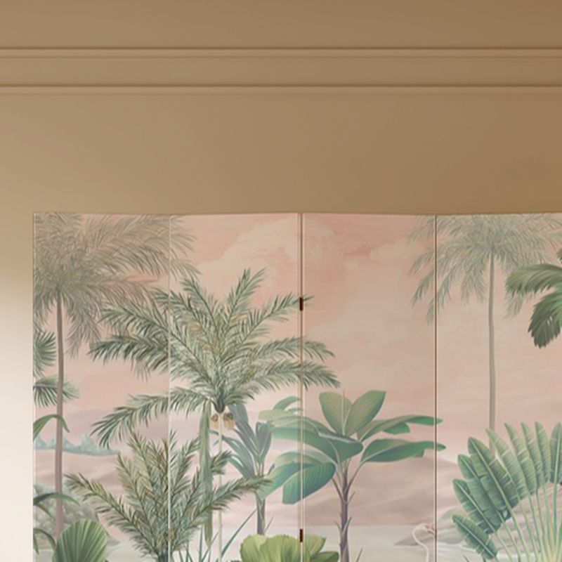 Green Opaque Fold-up Screen Divider with Natural Wood Frame, Double Sided Print, Independent