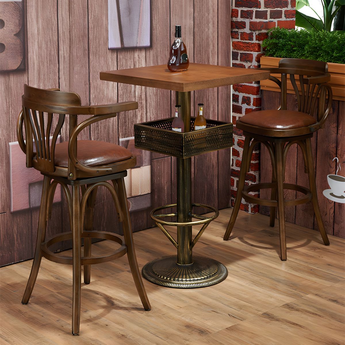 Industrial Solid Wood Bar Table Set 1/3/4/5 Pieces Counter Table with High Stools