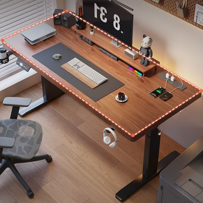 Minimalist Height Adjustable Gaming Computer Desk in Auburn/Natural with Distortion-resistant T-Shape Base and Headphone Hook, Solid Wood Top