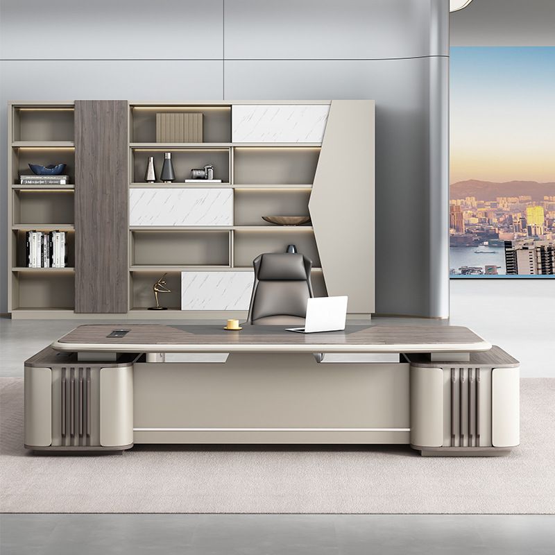 Moisture Resistant Executive Desk with Cabinet, Front Splash, Cooling Hole, 4 Drawers/2 Drawers, 1 Exterior Shelf, Cable Management & Twin Pedestal/Pedestal