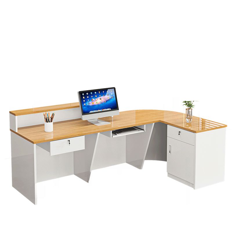 L-Shape Manufactured Wood Top Reception Desk with Hutch, Keyboard Tray, Cabinet, Desk Return & Cable Management
