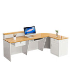 L-Shape Manufactured Wood Top Reception Desk with Hutch, Keyboard Tray, Cabinet, Desk Return & Cable Management