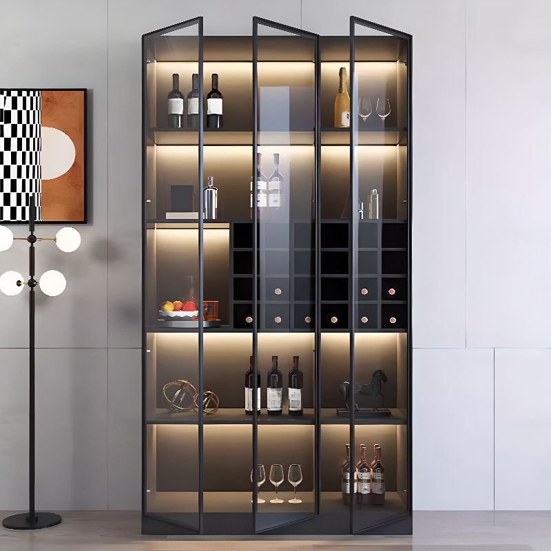Flooring Confined Self-supporting Accent Cabinet in Wood with Glass Door, Locker, 5 Shelves and Culinary Equipment Storage for Drawing Room in a Modish Style