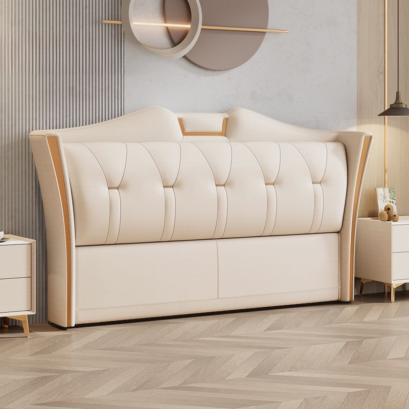 Trendy Wingback Headboard in Natural Wood with No Distressing, Camelback Shape for Queen/Full Bed, Featuring Sponge Upholstery and Standard Height