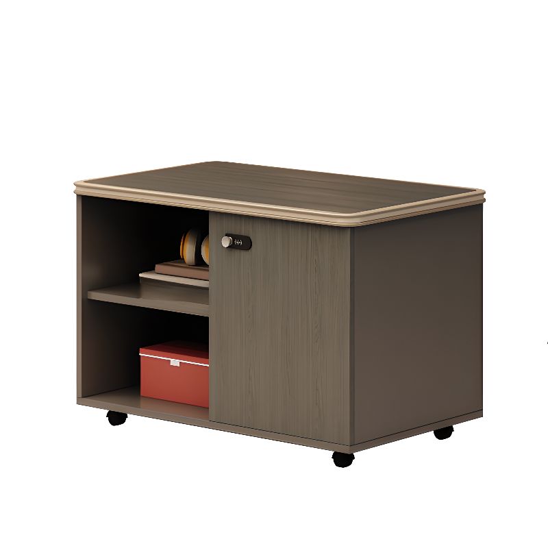 Art Deco Manufactured Wood Base Cabinet with Roller Wheels, Shelves, and Locking Door, 2-Wide/3-Wide Compartments