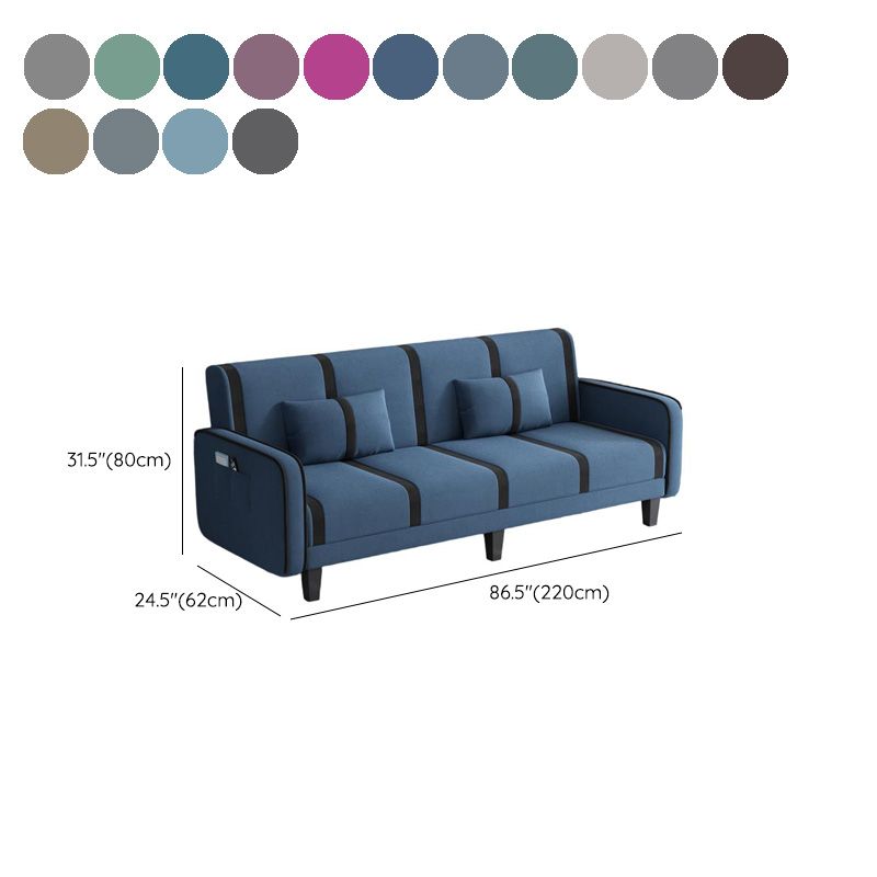 Striped Convertible Sofa in Pu Leather/Flannel with Cerulean/Light Brown/Off-White Upholstery and Armrest