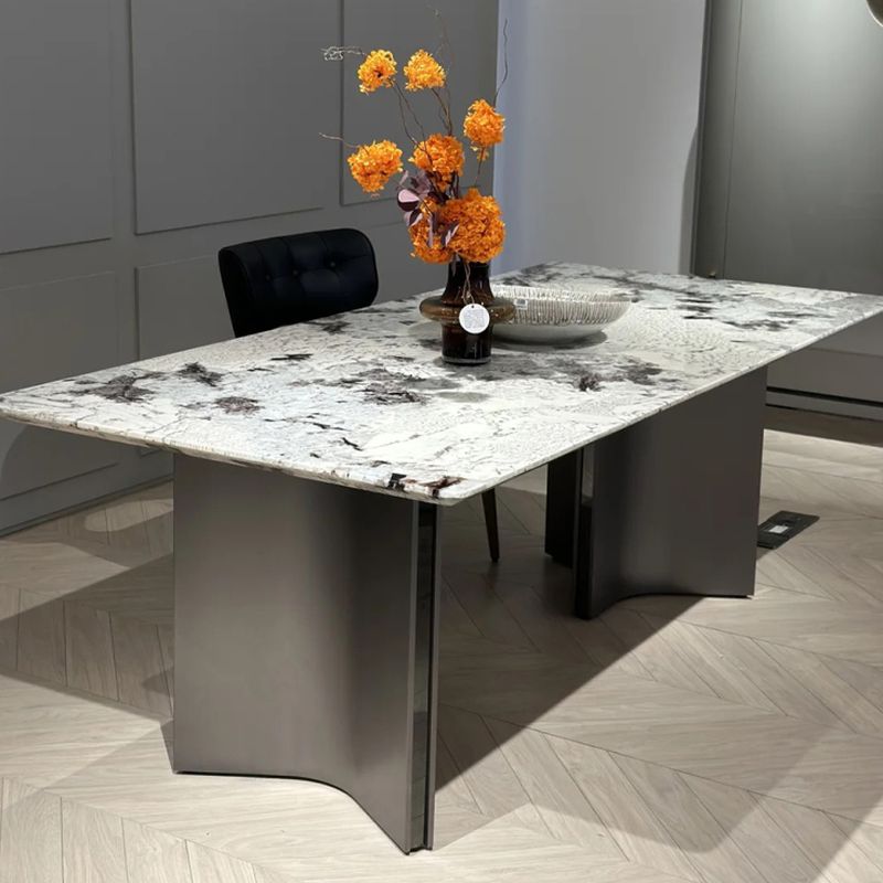 Minimalist Chalk Scratch-tolerant Fixed Marble Top Dining Table with Stainless Alloy Double Pedestal Base for 10-seater/for 6/Seating for 8