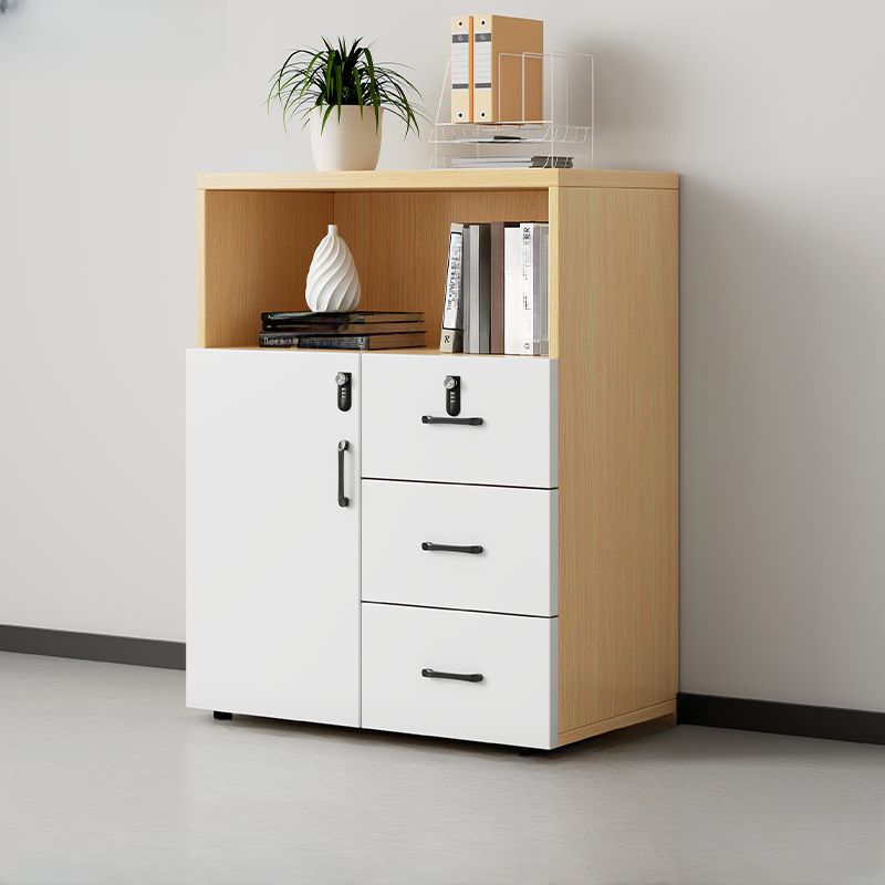 Natural Finish Manufactured Wood Supplies Cabinet with Shelves, Drawers, Locker, Locking Door, and 5-Wide/4-Wide/3-Wide Compartments