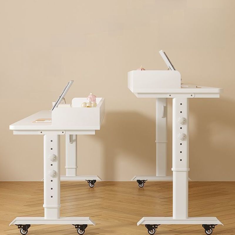 Adjustable Height Moisture Resistant T-Shape Desk with Manual Height Adjustment in Chalk, Self-Supporting with Wheels and Lockable Brakes