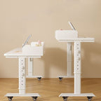 Adjustable Height Moisture Resistant T-Shape Desk with Manual Height Adjustment in Chalk, Self-Supporting with Wheels and Lockable Brakes