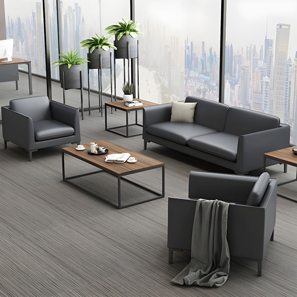 Glam Black Cushions Square Arm Genuine Leather Stationary Sofa