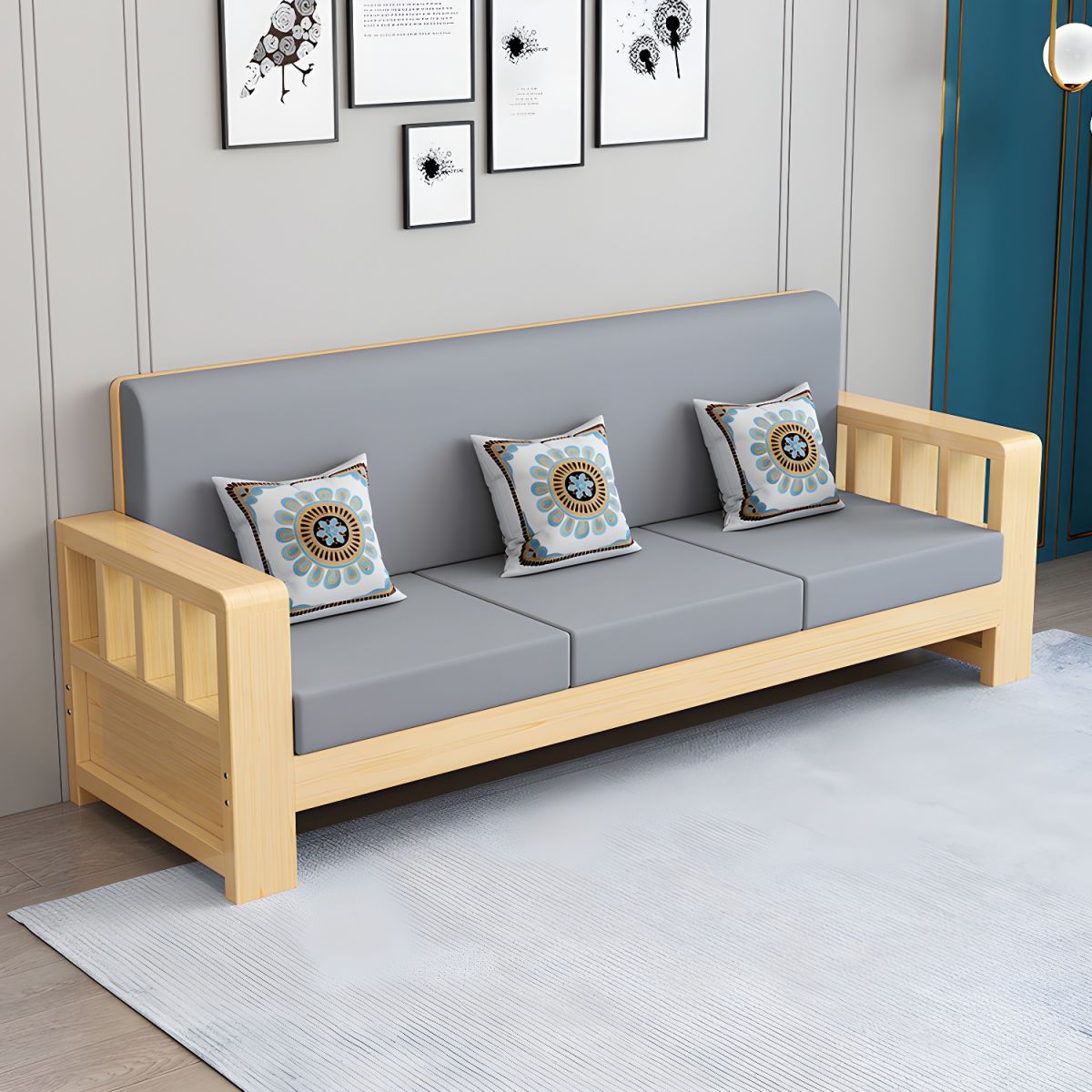 Modern Farmhouse Sofa in Solid Wood with Square Arms for Living Room