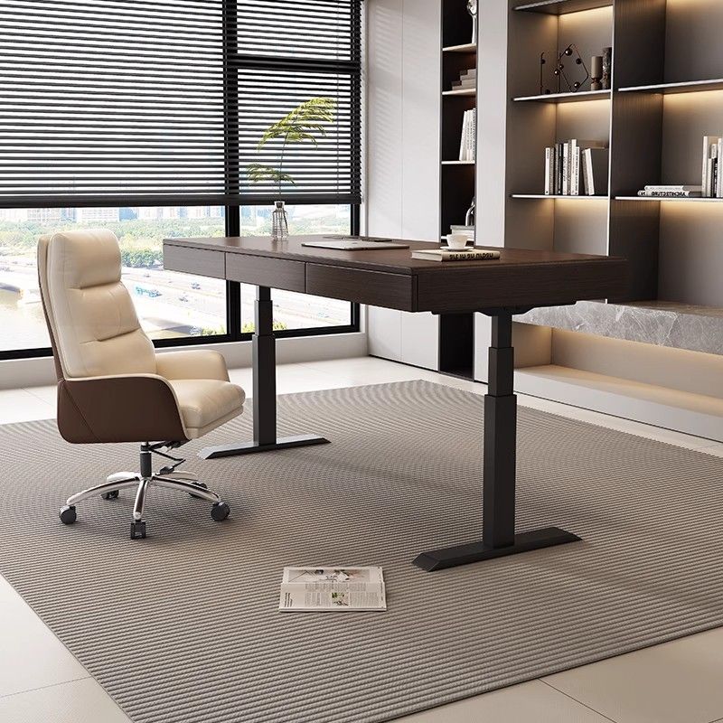 Odor Resistant T-Shape Base Table with 3 Drawers, Automatic Height Adjustment, Auburn Detached Top with Built-in Outlet in Natural Wood