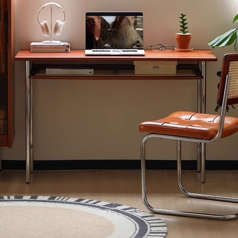 Writing Desk with Storage and Twist-resistant H-Shape Base, Sepia Top with Exterior Shelf and Foot Pad, Unattached