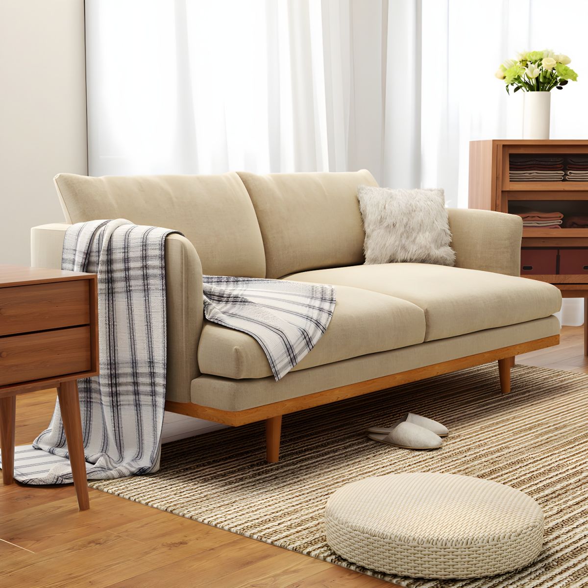 Northern European Wooden 2/3-Seater Sofa Wood Legs Square Arm Sofa