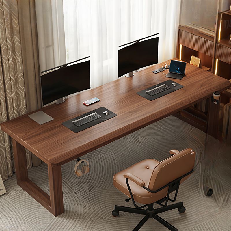 Brown/Black Rectangle Warp-proof Natural Wood Gamer Desk with Headphone Holder in a Modern Simple Style, Power Socket Included