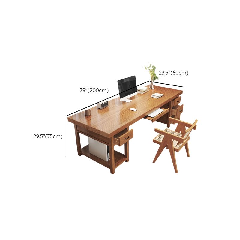 Contemporary Stain Resistant Natural Finish Office Computer Desk with Wood Double Pedestal/Pedestal Base/Sled Base, Drawers Included & With Keyboard Tray
