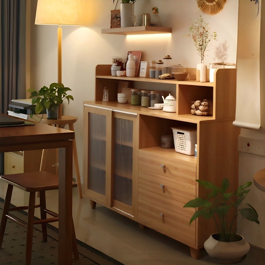 Art Deco Sideboard with 3 Drawers, Closet, 2/3 Shelves, Pantry Hutch, Engineered Wood Countertop, and Sliding Doors