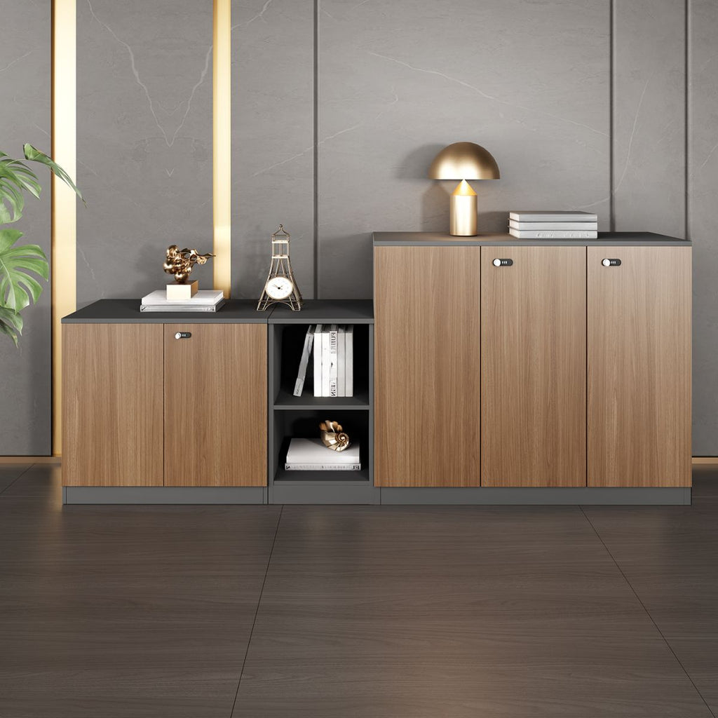 Caramel Trendy Manufactured Wood Supplies Cabinet with Shelves, Locker, Locking Door, and 2-Wide/1-Wide Compartments