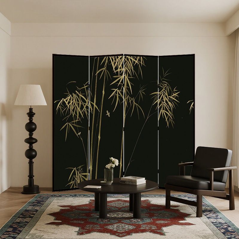 Screen Divider Minimalist Opaque Fold-up with Natural Wood Frame, 4 Panels, Double Sided Print, and Independent Design