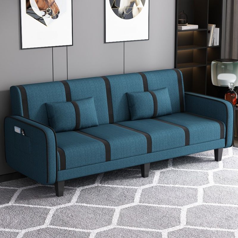 Striped Convertible Sofa in Pu Leather/Flannel with Cerulean/Light Brown/Off-White Upholstery and Armrest
